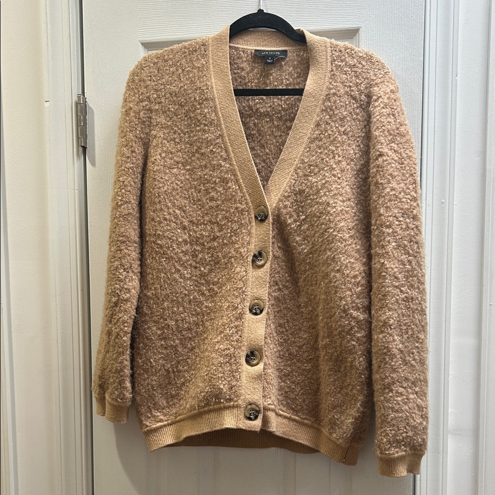 Ann Taylor Tan Button-Front Bouclé Cardigan